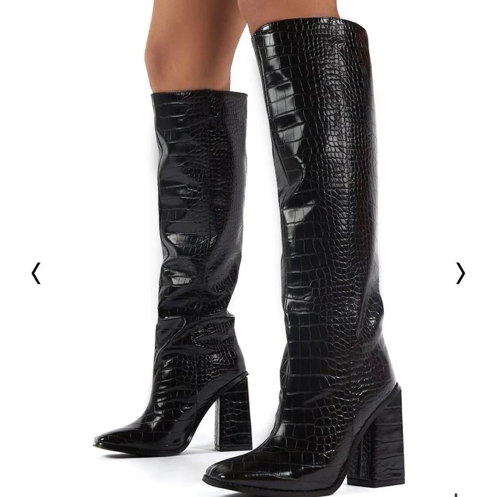 Public Desire Black Croc Square Toe Block Heeled Knee High Boots